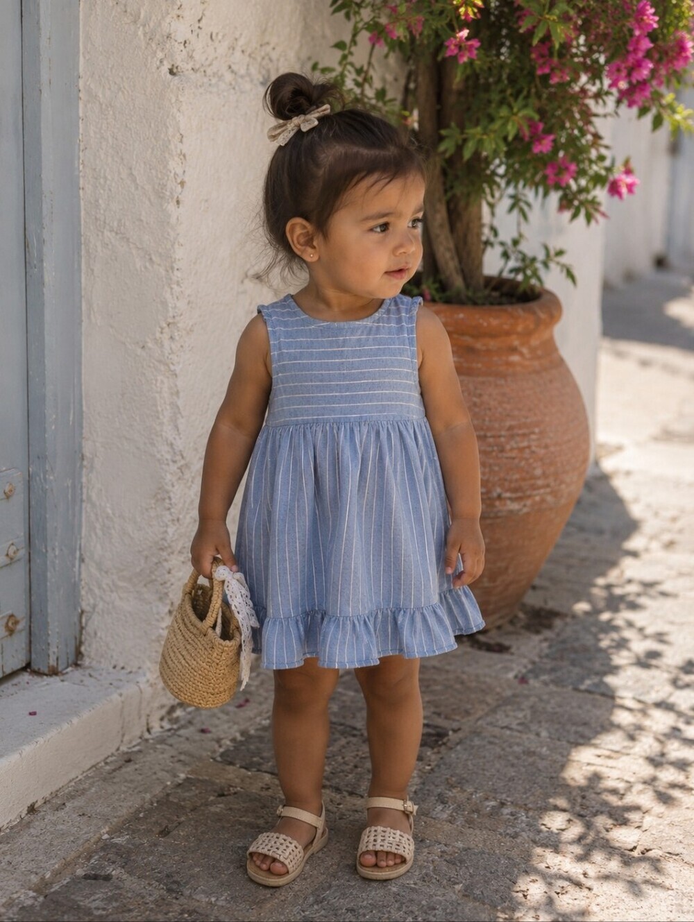 Zara Baby Blue Stripe Linen Blend Dress 2-3Y Sleeveless Summer Boho Cottage